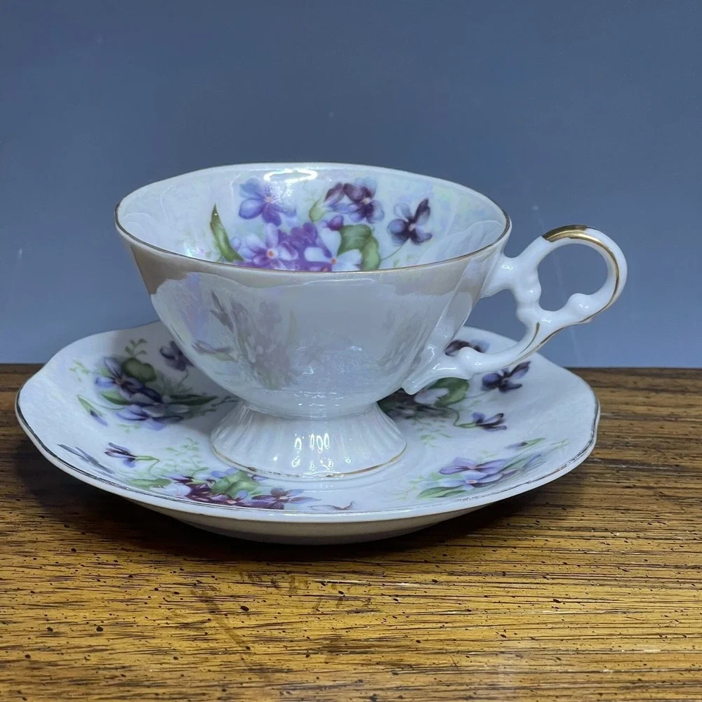 Vintage Del Mar Japan Painted Pedestal Teacup Saucer Violets Lusterware 24k‎